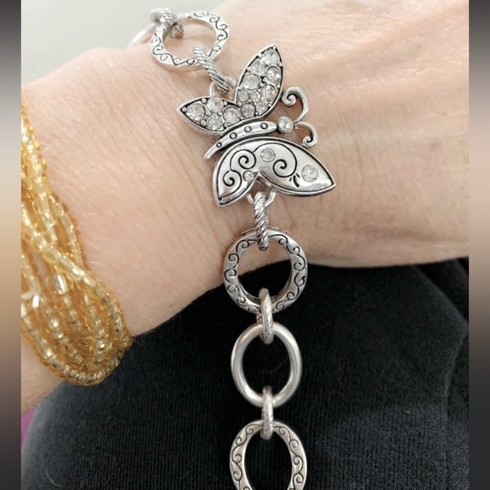 Antique/Vintage whimsical crystal accented large hoop link butterfly bracelet.